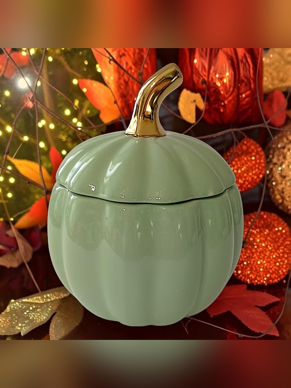Martha Stewart Pumpkin Canister Sage Green Gold Ceramic Fall Harvest Candy Dish - Picture 11 of 16